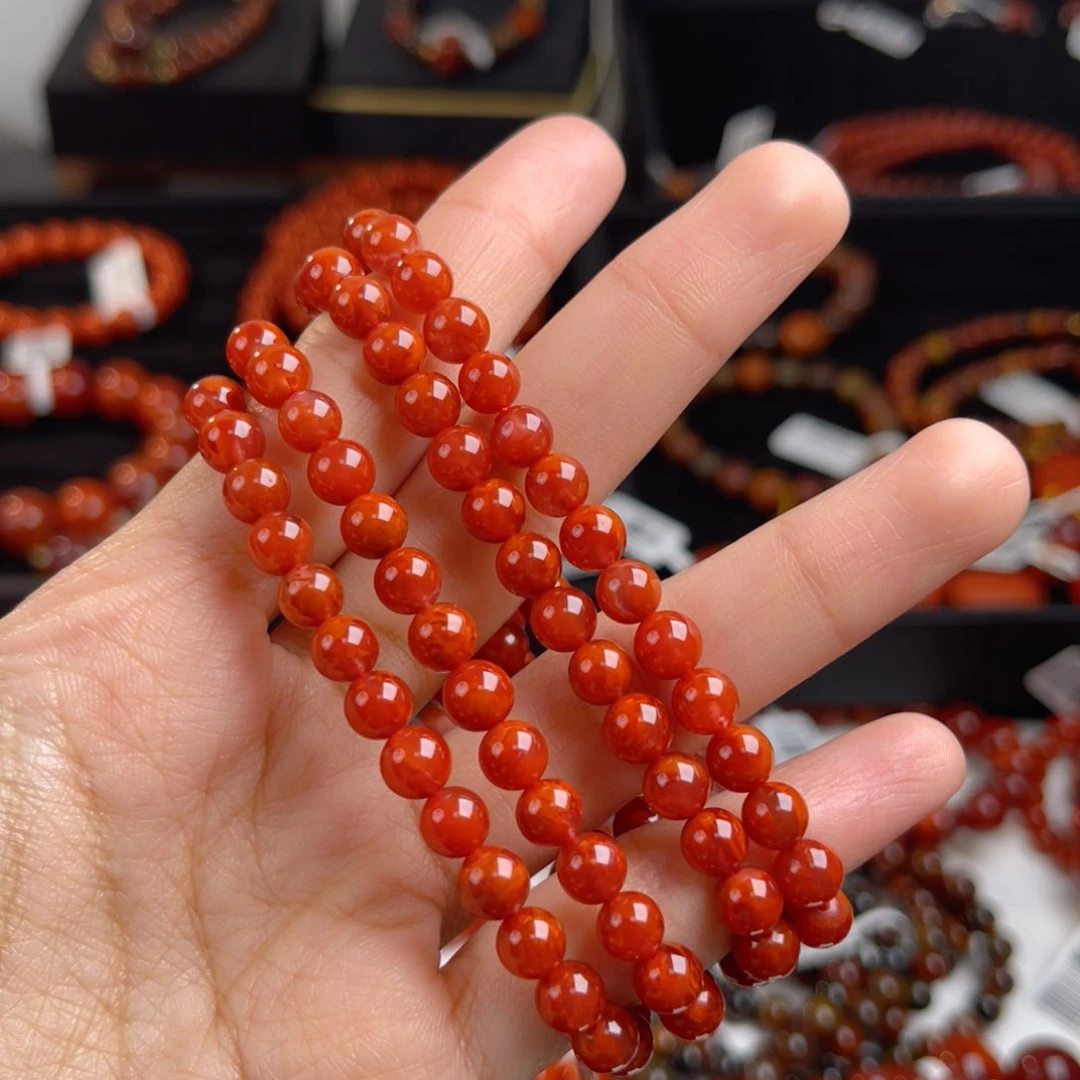未镶嵌牛血火焰佛珠长链南红玛瑙