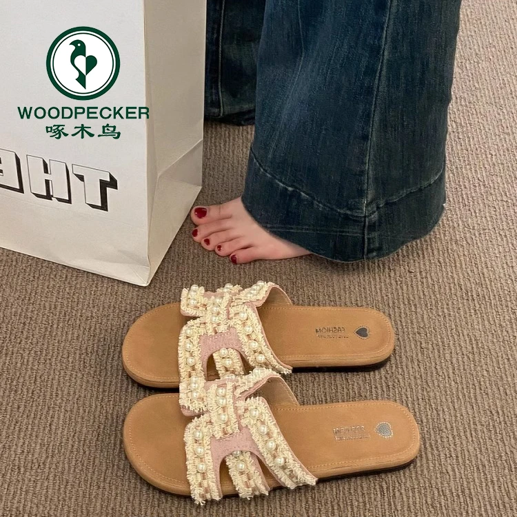 啄木鸟法式度假凉拖鞋女夏外穿2025新款平底防滑配裙温柔一字拖鞋