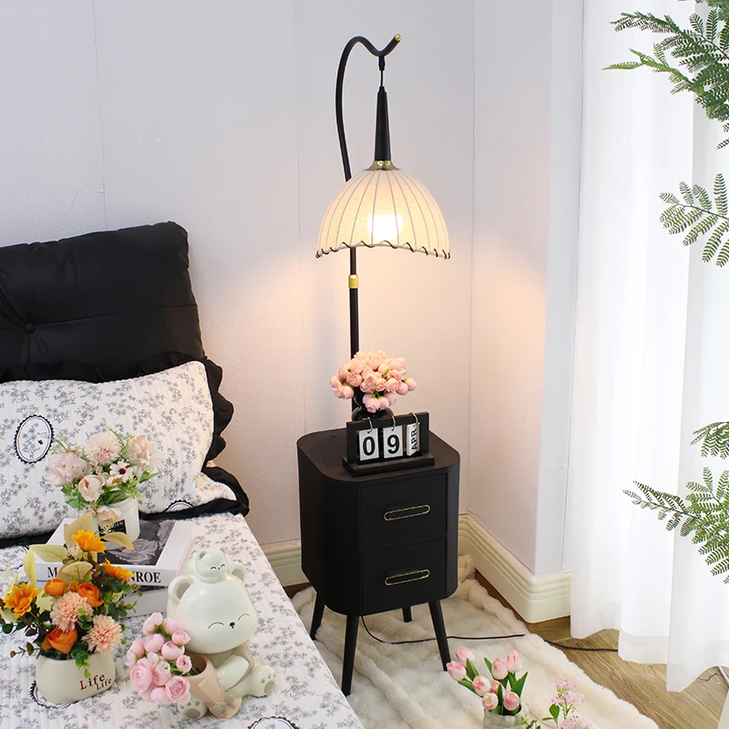 中古风卧室客厅沙发置物架床头柜落地灯一体台灯复古网红立式