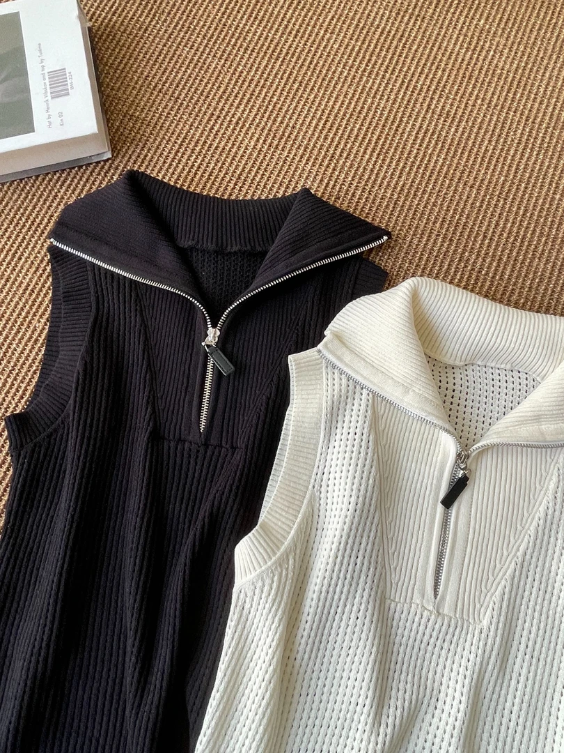 yu hee 【精致巴黎】 高品质亚麻纱线拉链翻领无袖上衣女