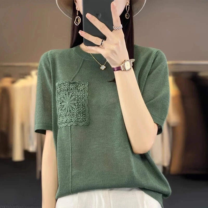 短袖t恤女士2025新款夏季高级感重工上衣宽松女装冰丝针织衫