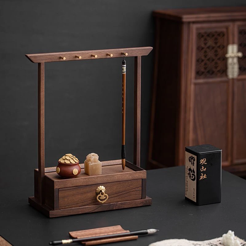 胡桃木笔架毛笔挂实木展示架文房四宝文玩收纳盒置物架新中式摆件