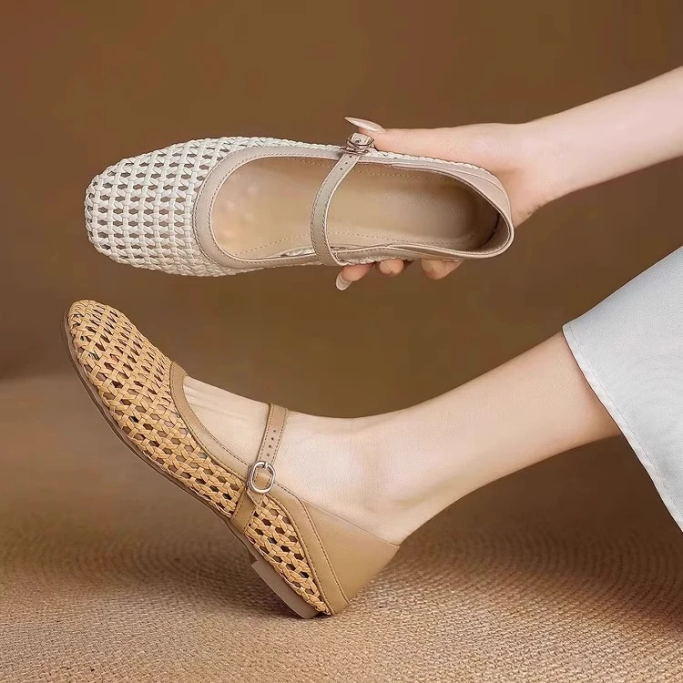 法式编织镂空透气平底单鞋文艺甜洞洞鞋一字带软皮软底玛丽珍凉鞋