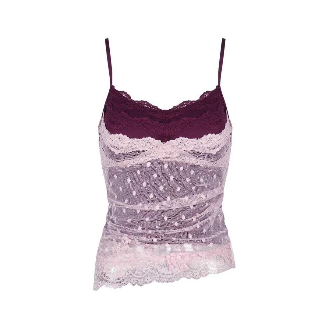 蕾丝拼接网纱性感吊带背心女夏季修身内搭纯欲风撞色短款上衣外穿