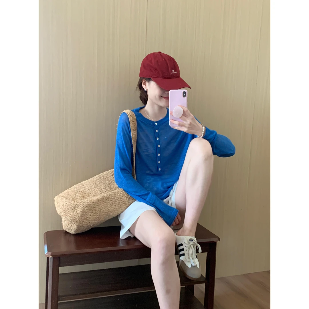 2025年半开领长袖针织罩衫女夏季新款慵懒休闲时尚复古上衣套装女