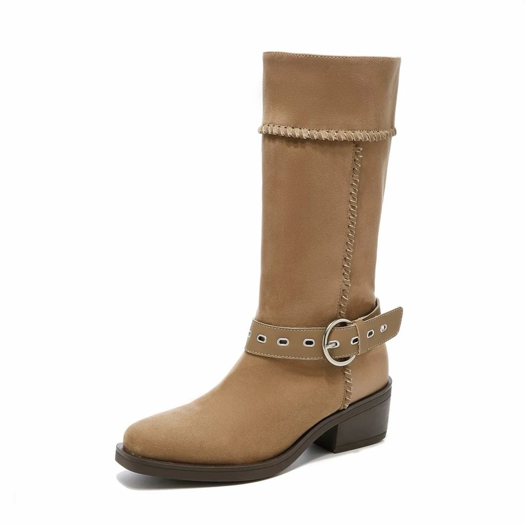 绒面单靴圆头骑士时尚中筒长靴粗跟秋冬时装靴