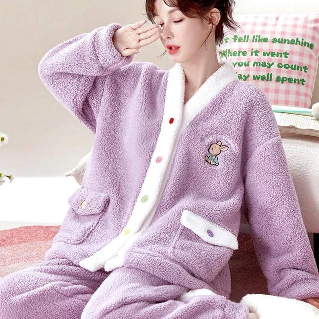 V领学生宽松毛绒保暖睡衣套装女秋冬甜美可爱可外穿法兰绒家居服