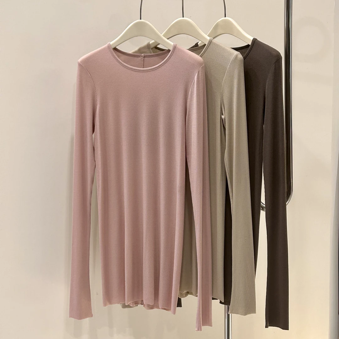 【塔鹿蕾】25年秋季新品简约素板百搭后拼接线长袖打底堆堆衫D068