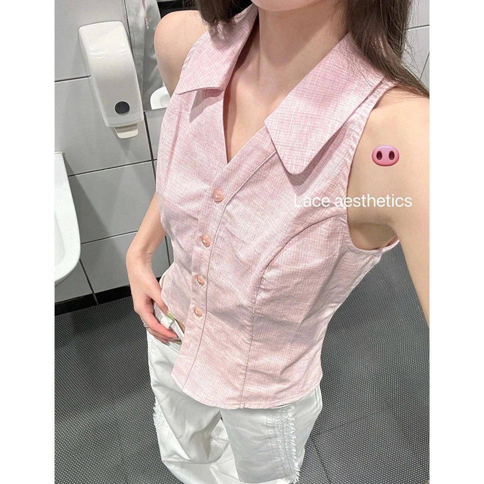 粉色polo领挂脖露肩无袖上衣女夏季法式修身短款外穿翻领吊带背心