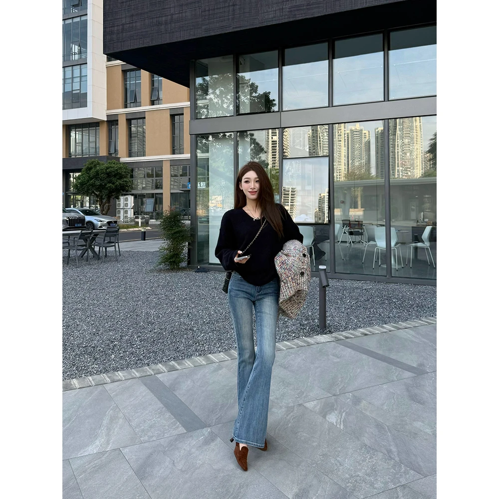 小王家/MeiLi新款韩版高腰水洗微喇裤显瘦复古喇叭裤女春秋牛仔裤