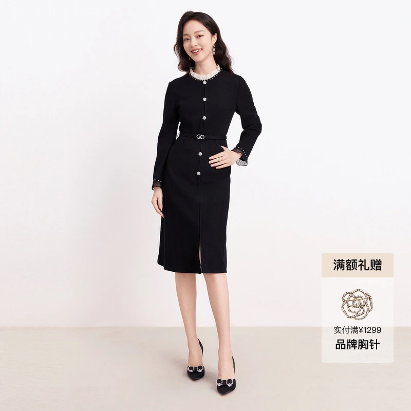 Koradior/珂莱蒂尔时尚气质优雅连衣裙小香风长袖收腰修身连衣裙