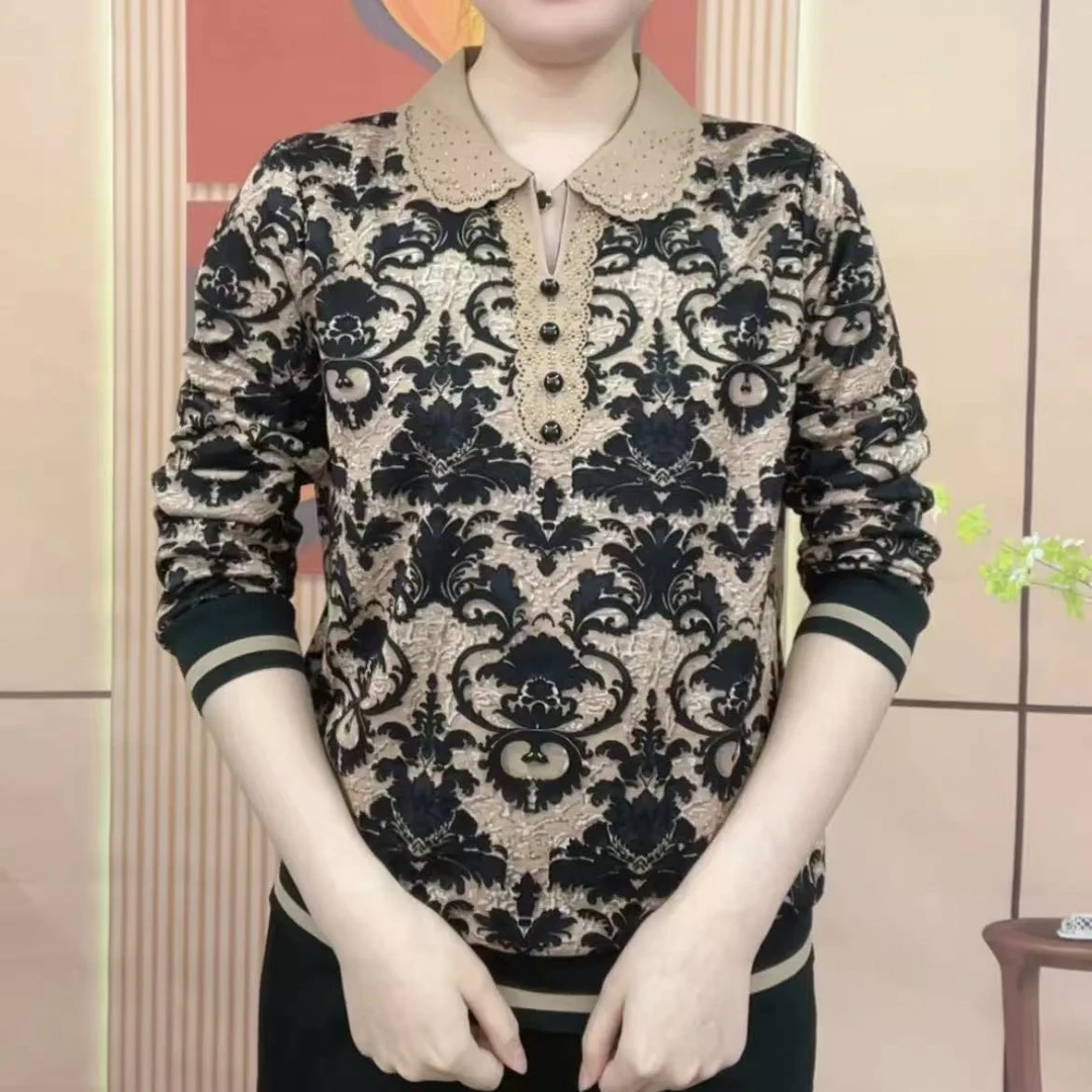 2025春季新款时尚妈妈装翻领印花烫钻气质百搭显瘦长袖洋气宽松女