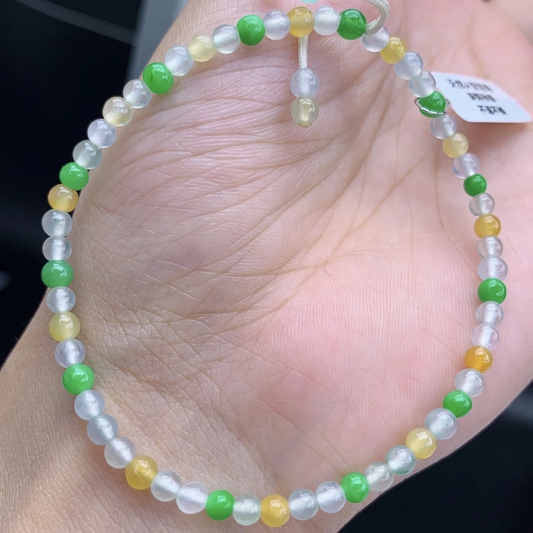 缅甸A货翡翠白冰黄绿多宝色小米珠圆珠手链手串单圈T卡3.5mm