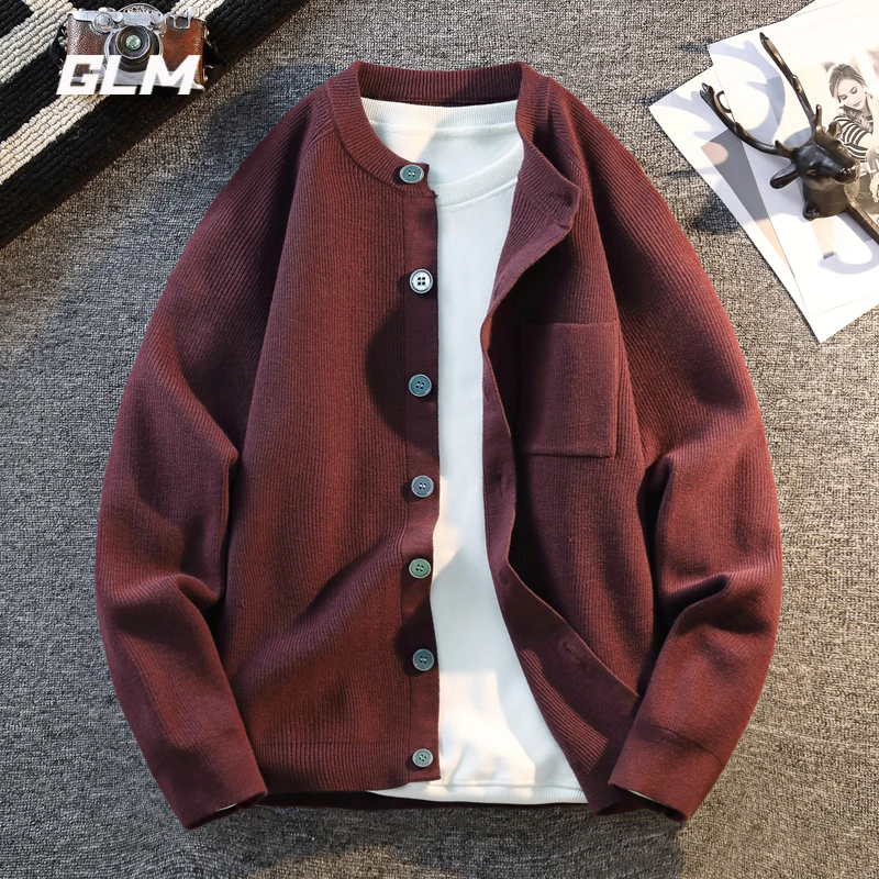GLM针织毛衣男士春秋季潮牌美式复古外套纯色简约口袋设计毛线衣
