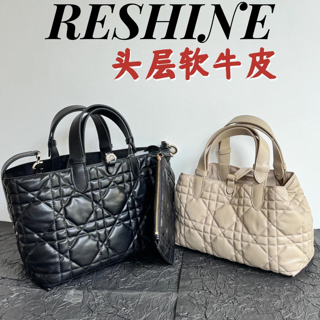 Toujours土著包横版头层牛皮菱格手提单肩大容量真皮通勤包