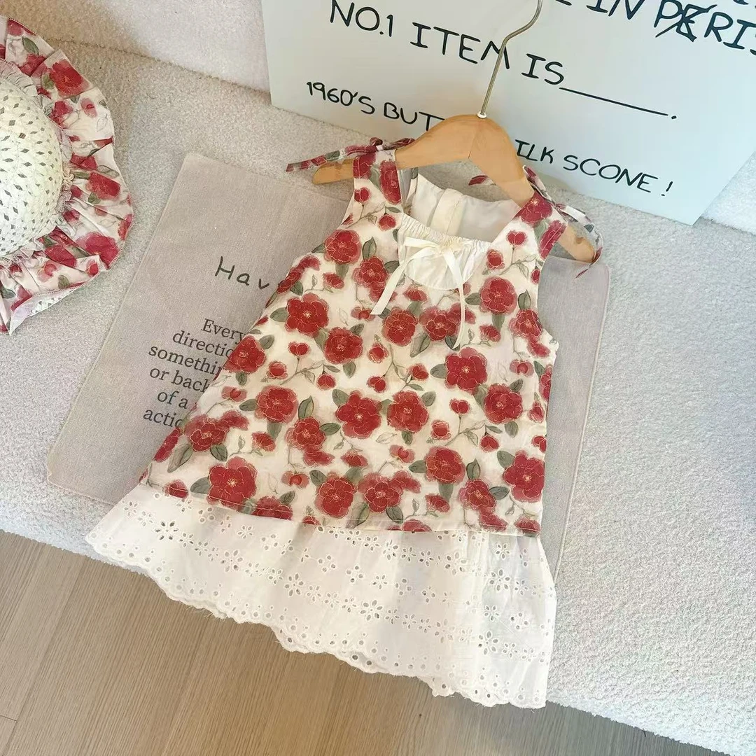 2025碎花女夏季连衣裙洋气时尚小童公主韩版裙子套装吊带5X002