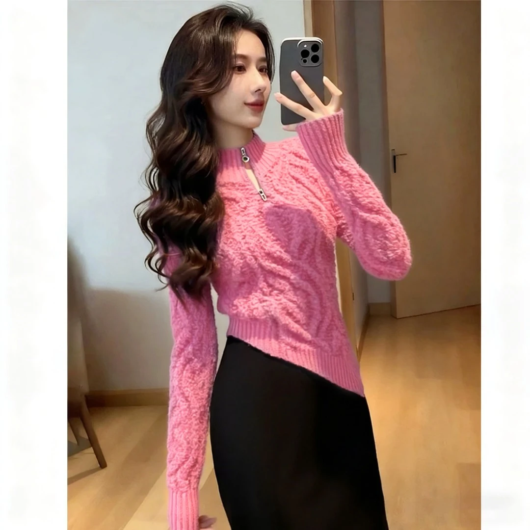 2025冬季新款爆款洋气女巨好看法式气质别致玫粉色不规则毛衣上衣