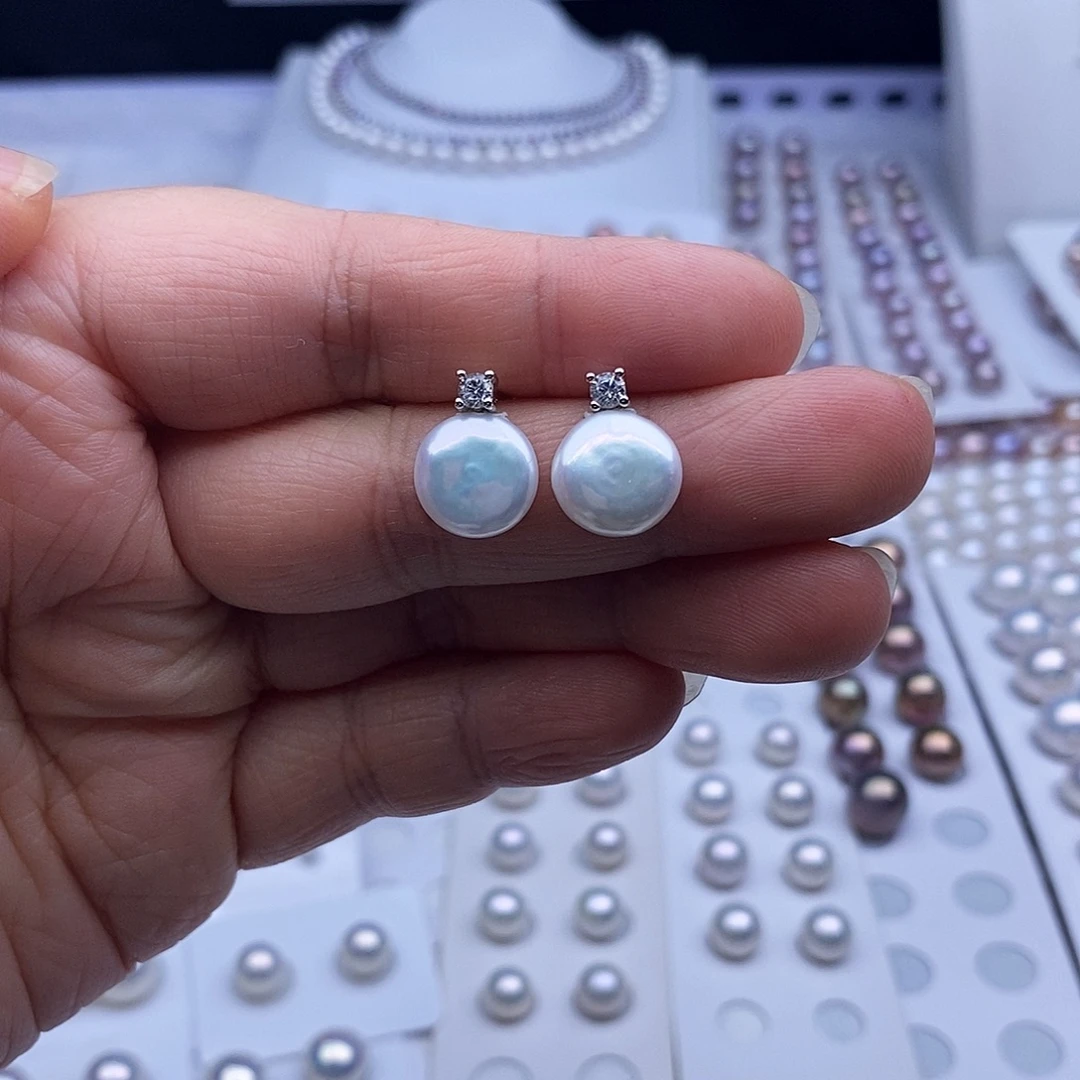 淡水珍珠银S925镶嵌耳饰11-12mm纽扣耳钉