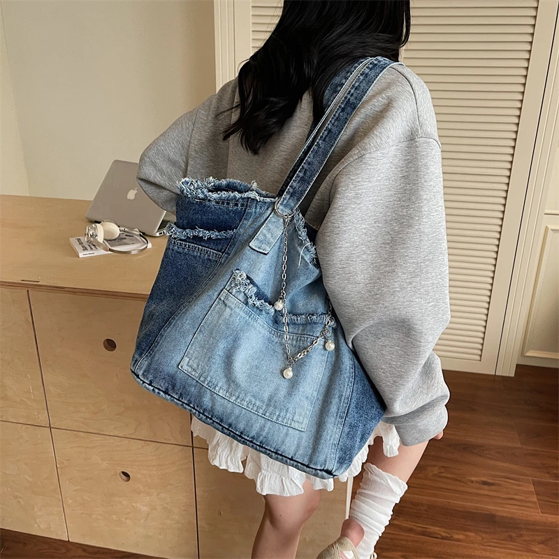 复古牛仔帆布包包女2025新款通勤休闲上班托特单肩手提包大容量包