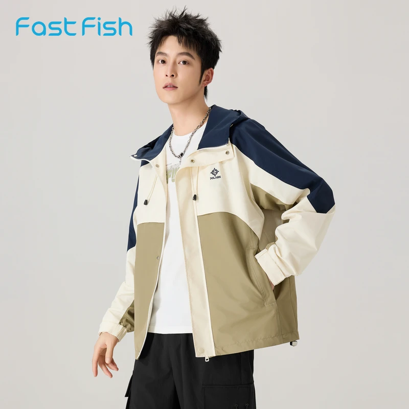 快鱼2025春季新款百搭舒适简约休闲插肩男款三色拼接春日时尚茄克