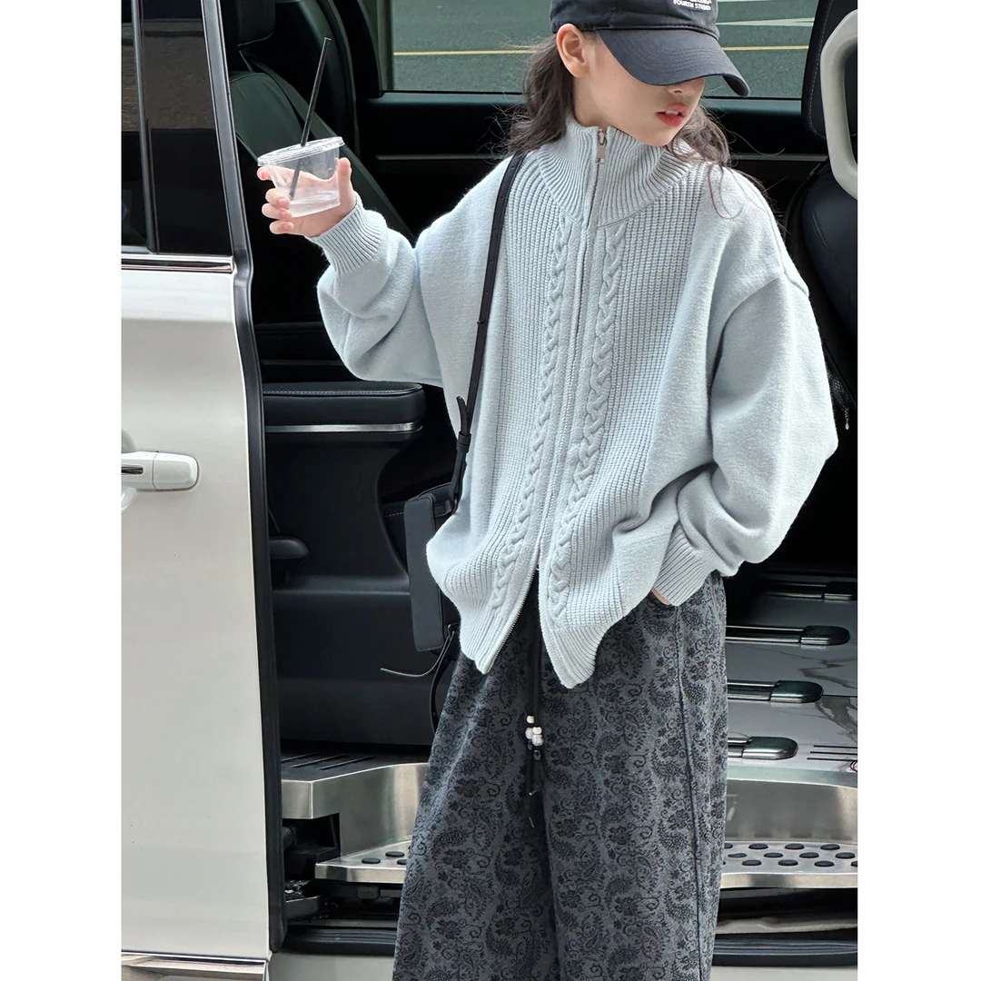 K29806孙小美麻花半高领女童秋冬装毛衣外套2025新款儿童上衣开衫