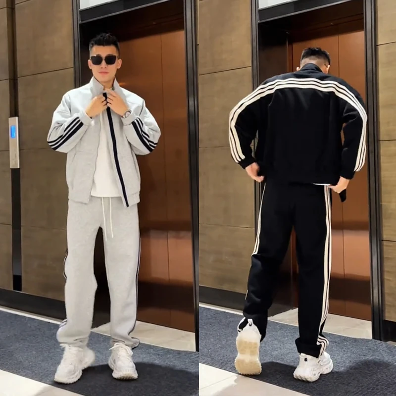 韩版潮流拼接立领外套运动裤两件套春夏季情侣款百搭帅气休闲套装