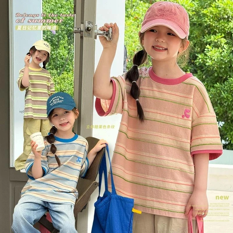 女童短袖t恤2025夏装洋气童装小女孩夏季条纹半袖儿童撞色上衣薄T