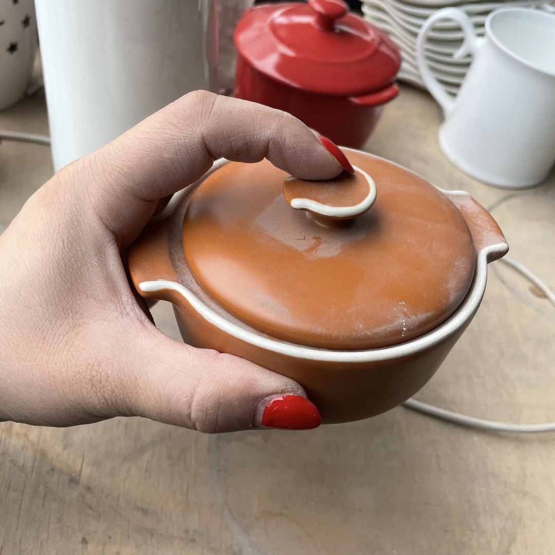 外贸尾单陶瓷餐具，橘色小烤碗带盖