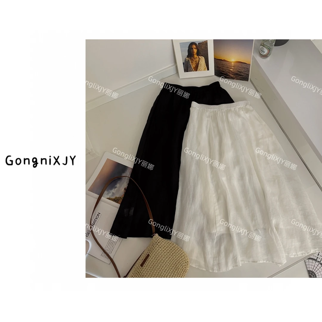 【LINA·GXY】两色温柔松紧腰设计麻料半身长裙