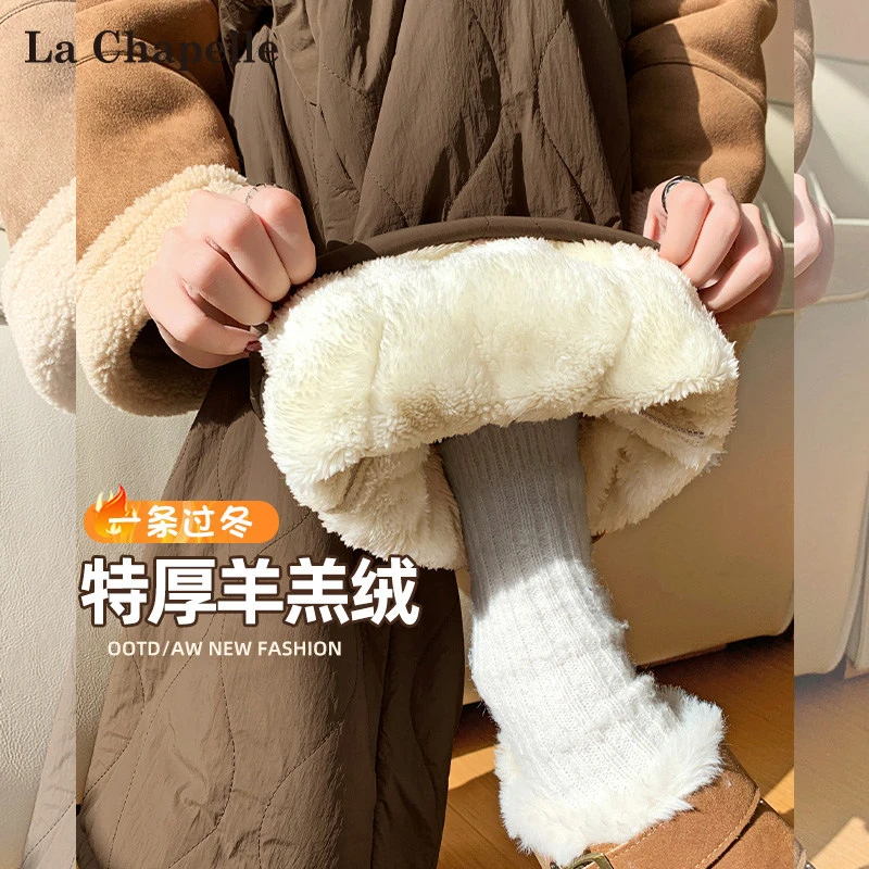 拉夏贝尔特厚羊羔绒棉裤女冬季外穿2025过年战袍加绒保暖阔腿裤子