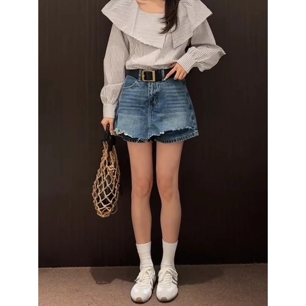 设计感假两件毛边牛仔短裙裤女夏季新款高腰显瘦高个子百搭阔腿裤