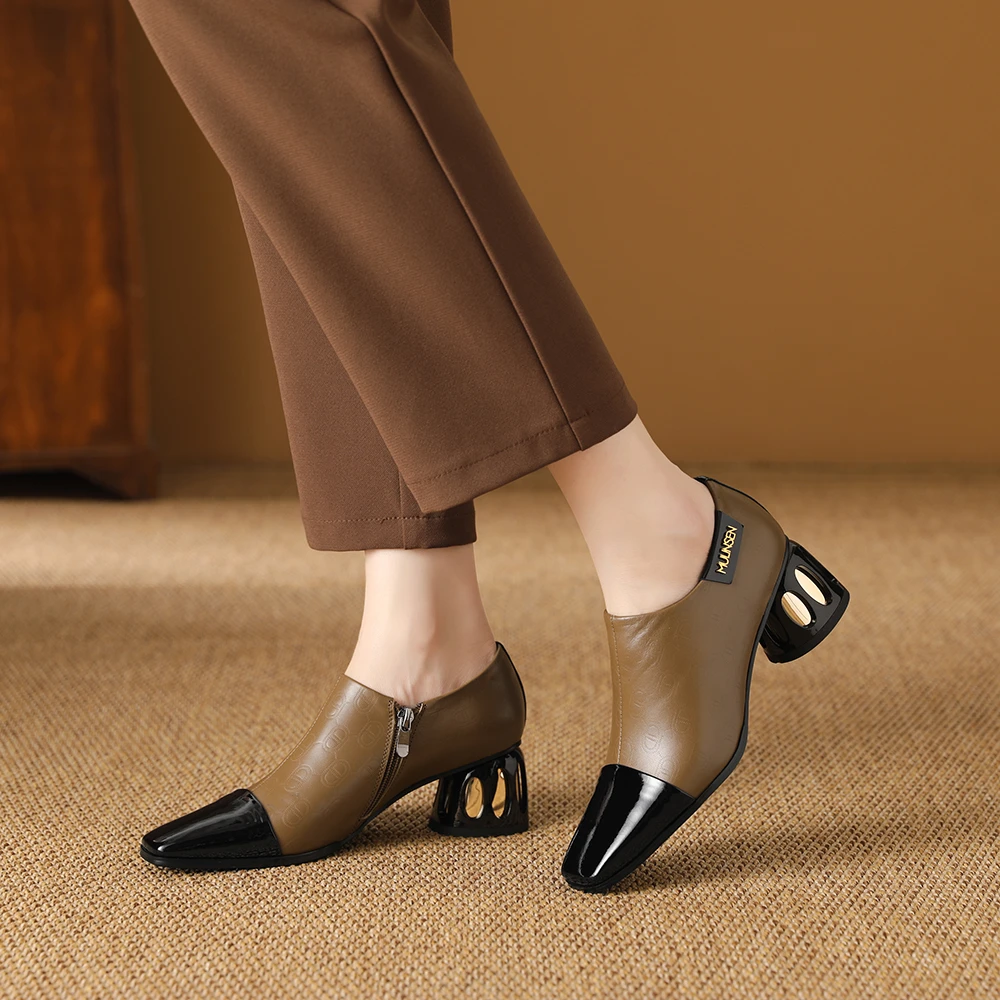 1179A-13春季女单鞋新款中跟深口卡其色真皮欧美风中老年妈妈鞋