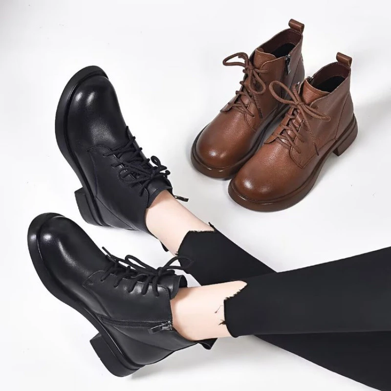 靴子女2025新款秋冬平底短靴批发厚底拉链短筒女靴跨境头层皮马丁