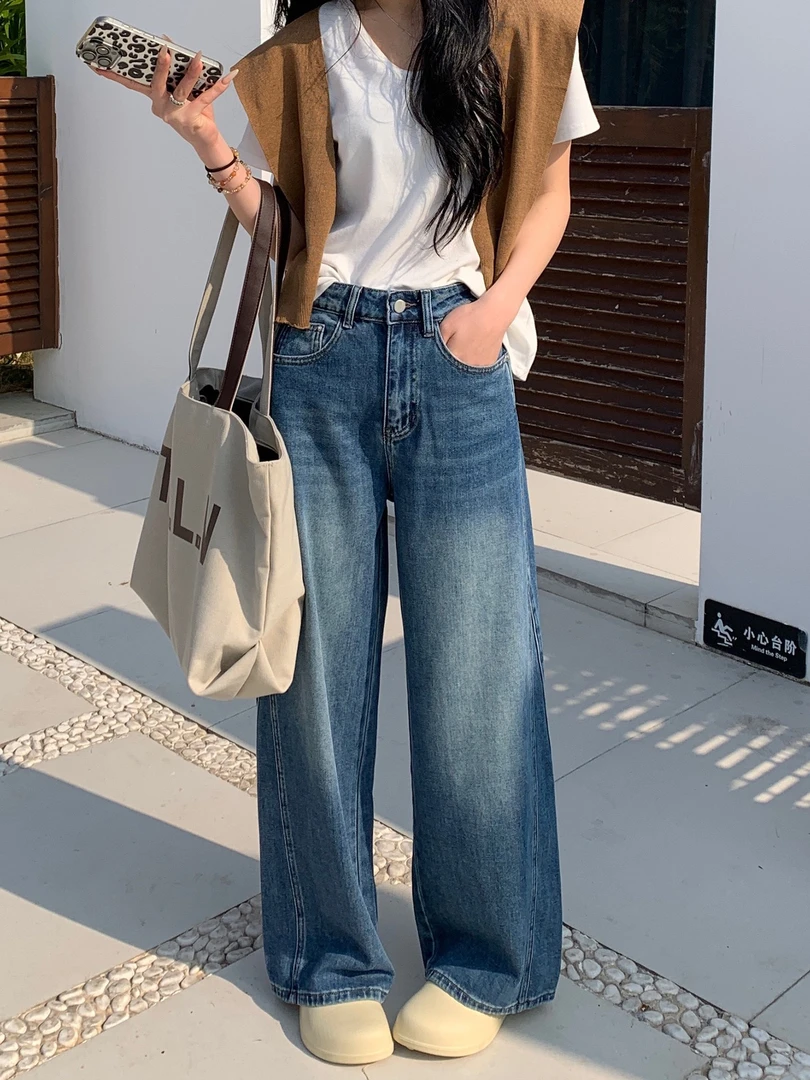 新款阔腿牛仔裤2025春款辣妹高腰弹力直筒拖地长裤