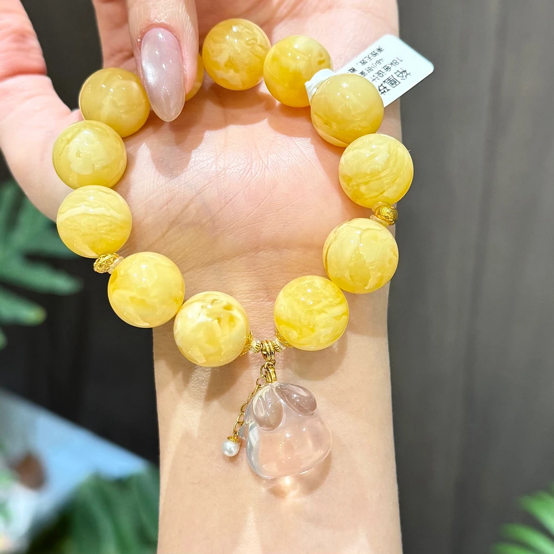 【裕凰珠宝】天然蜜蜡手串15mm+精品俄料白花蜡蜜蜡手串粉水晶兔子