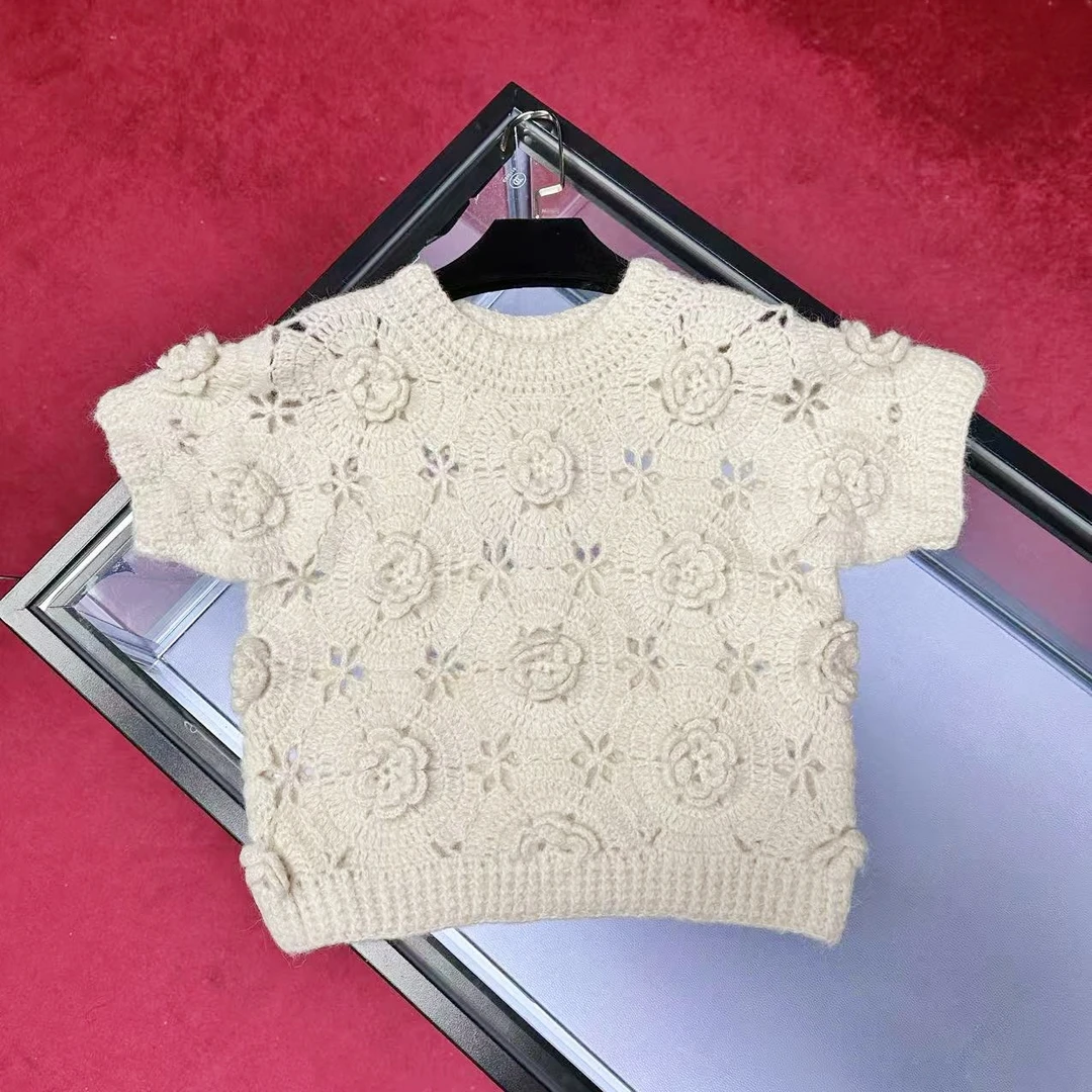 D570新款时尚镂空毛针织衫白色休闲百搭设计师韩版网红