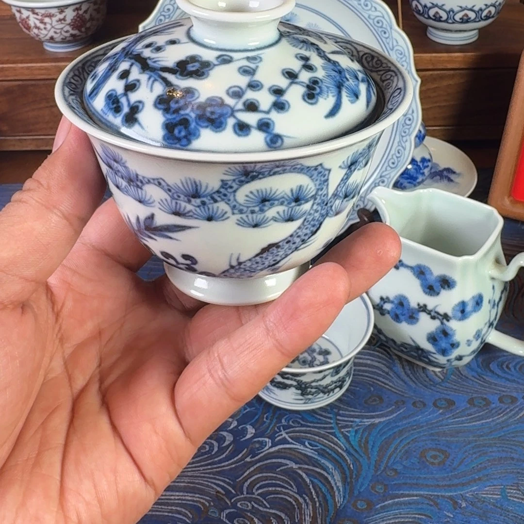 景德镇全手工手绘仿元松竹梅两才盖碗