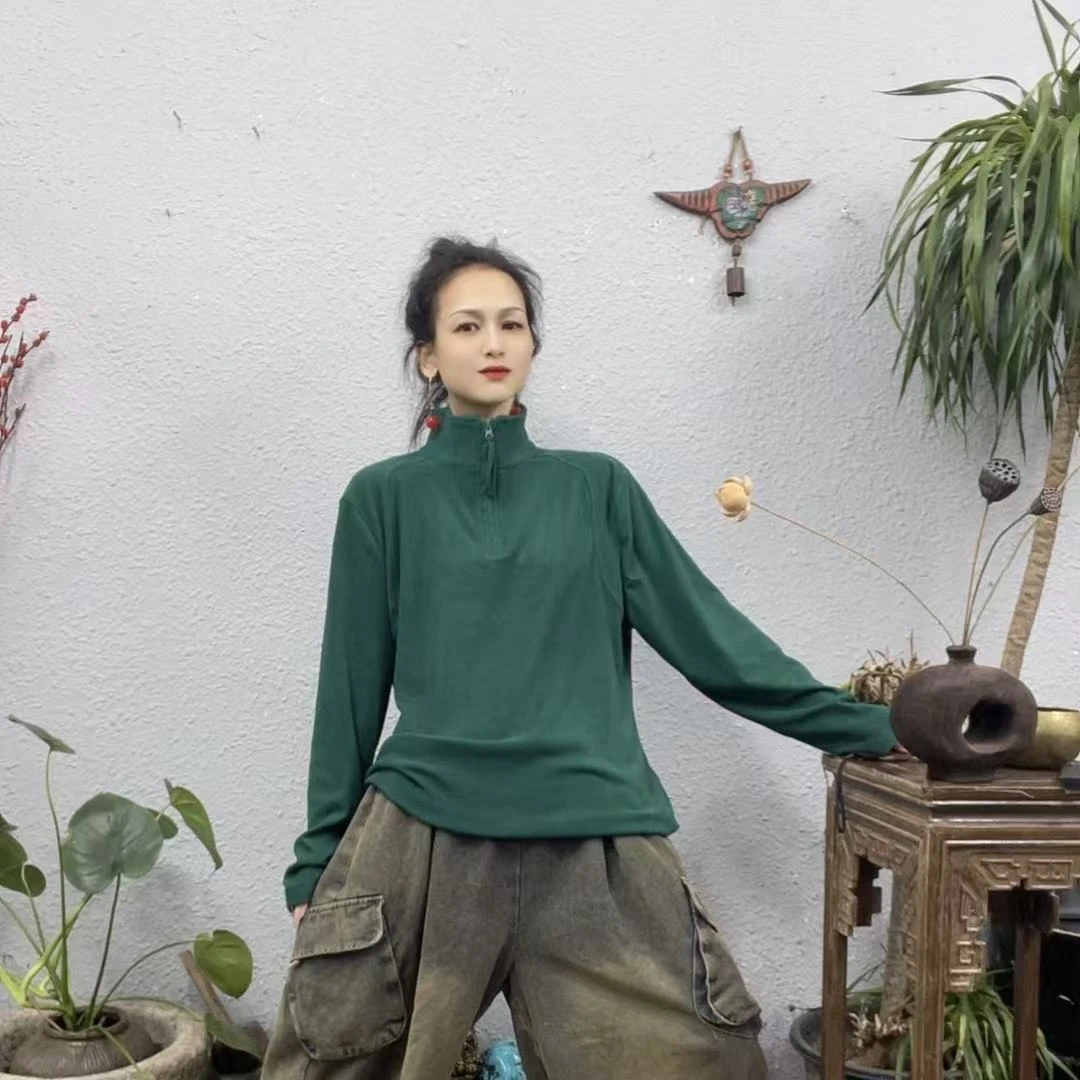 10-57双面绒拉链同布半拉链高领打底上衣（长62胸围118-160