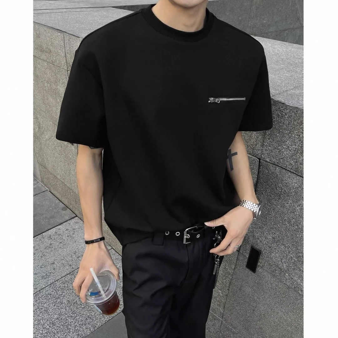 夏季重磅美式cleanfit短袖男女同款拉链设计感高街T恤-2565