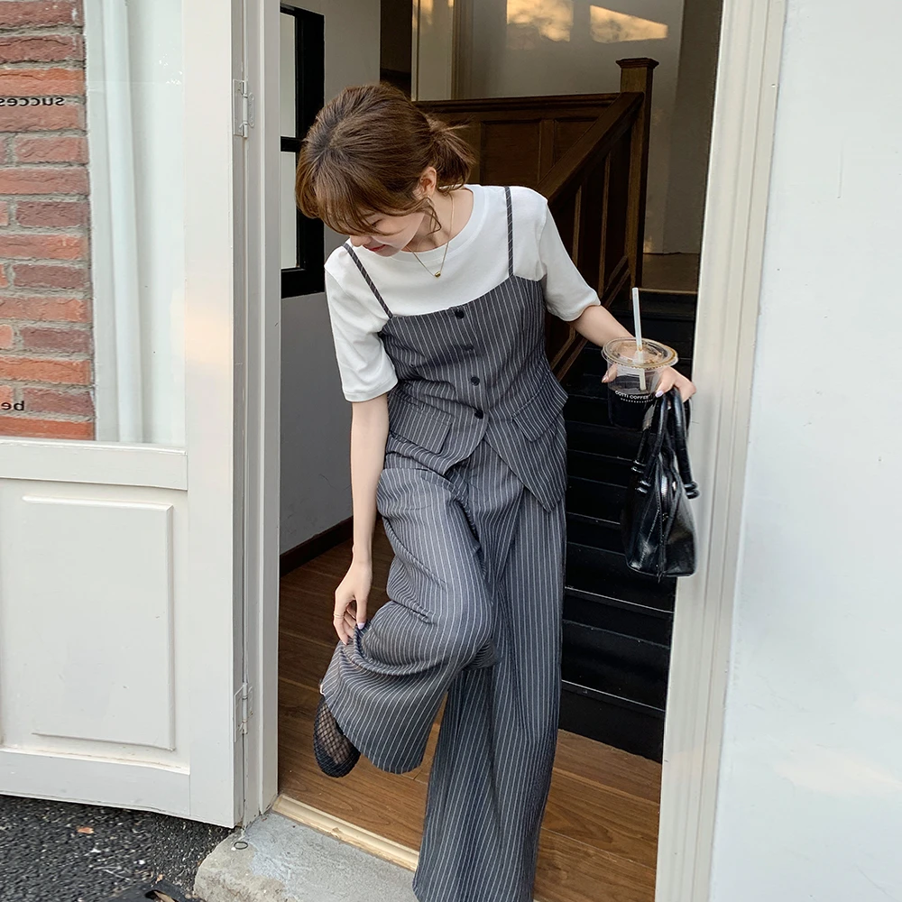 时尚条纹吊带背心阔腿裤套装女夏2025新款韩系ootd穿搭气质两件套
