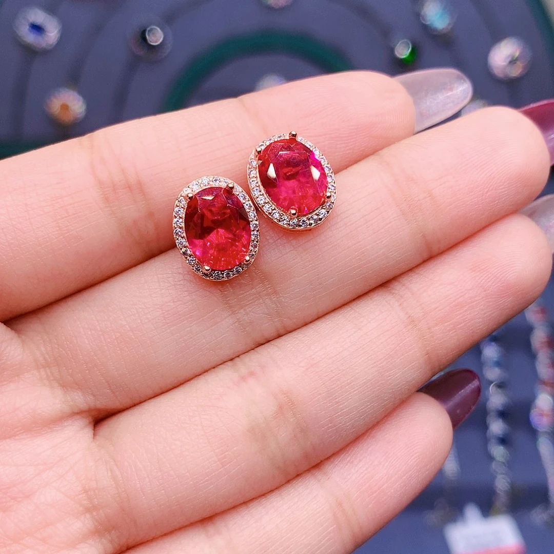红宝石耳饰银S925镶嵌