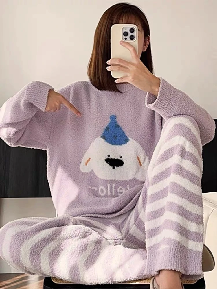 半边绒保暖冬季女款睡衣家居服套装甜美卡通加绒宽松