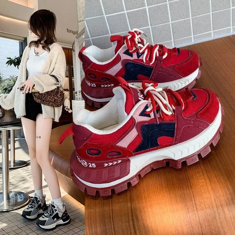 本命年红鞋子女2025春季新款休闲运动鞋轻便不累脚厚底老爹阿甘鞋