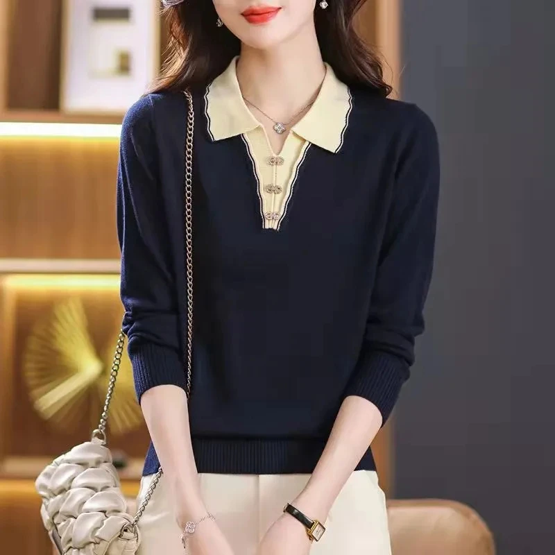 2025春秋季新款女士套头毛衣针织衫加厚翻领上衣打底衫洋气妈妈装