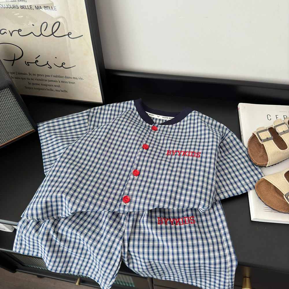 【立体刺绣】新款纯棉夏季套装儿童韩版休闲宽松格子短袖衬衫套装