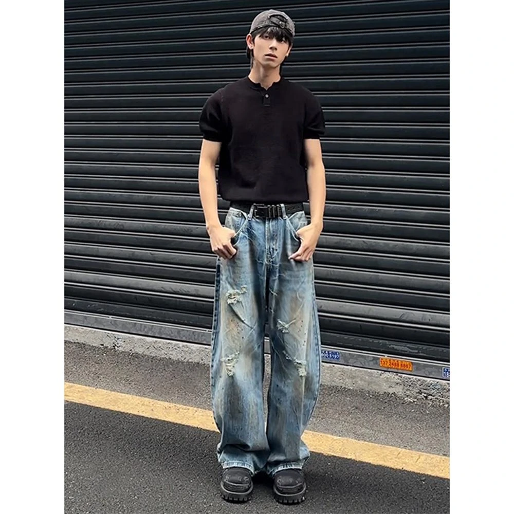 美式高街破洞牛仔裤男夏季薄款脏脏裤子潮牌痞帅闪电纹乞丐弯刀裤