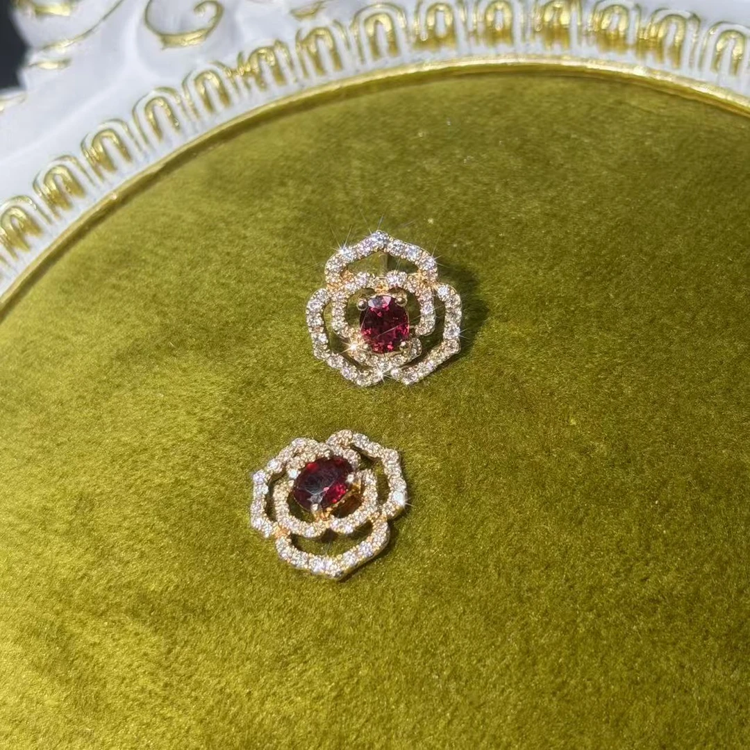 心心珠宝甄选【山茶花】酒红设计款小众轻奢女士耳钉