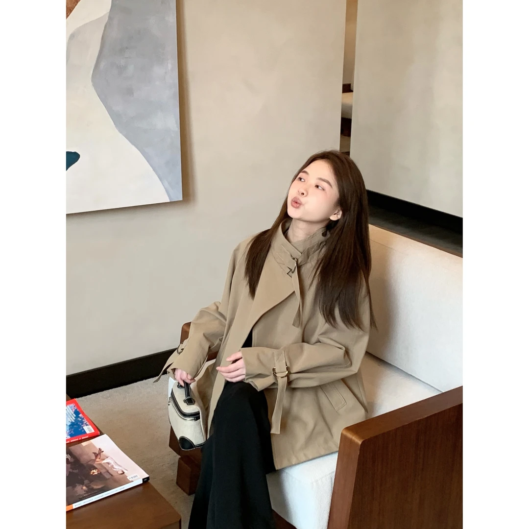 YO定制春季韩系设计感宽松立领风衣小个子休闲百搭通勤气质外套