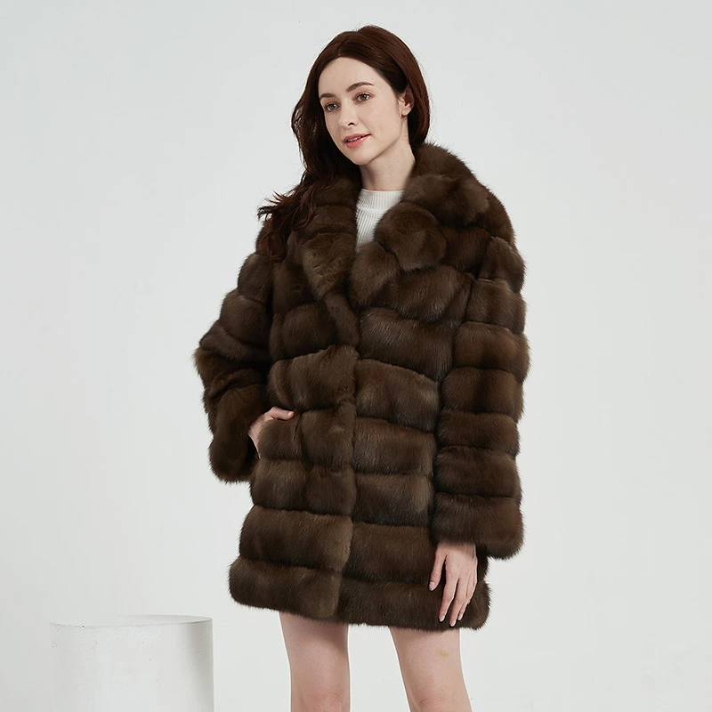 茉萱进口俄罗斯紫水貂满天星整貂中长款翻领水貂时尚貂皮大衣女