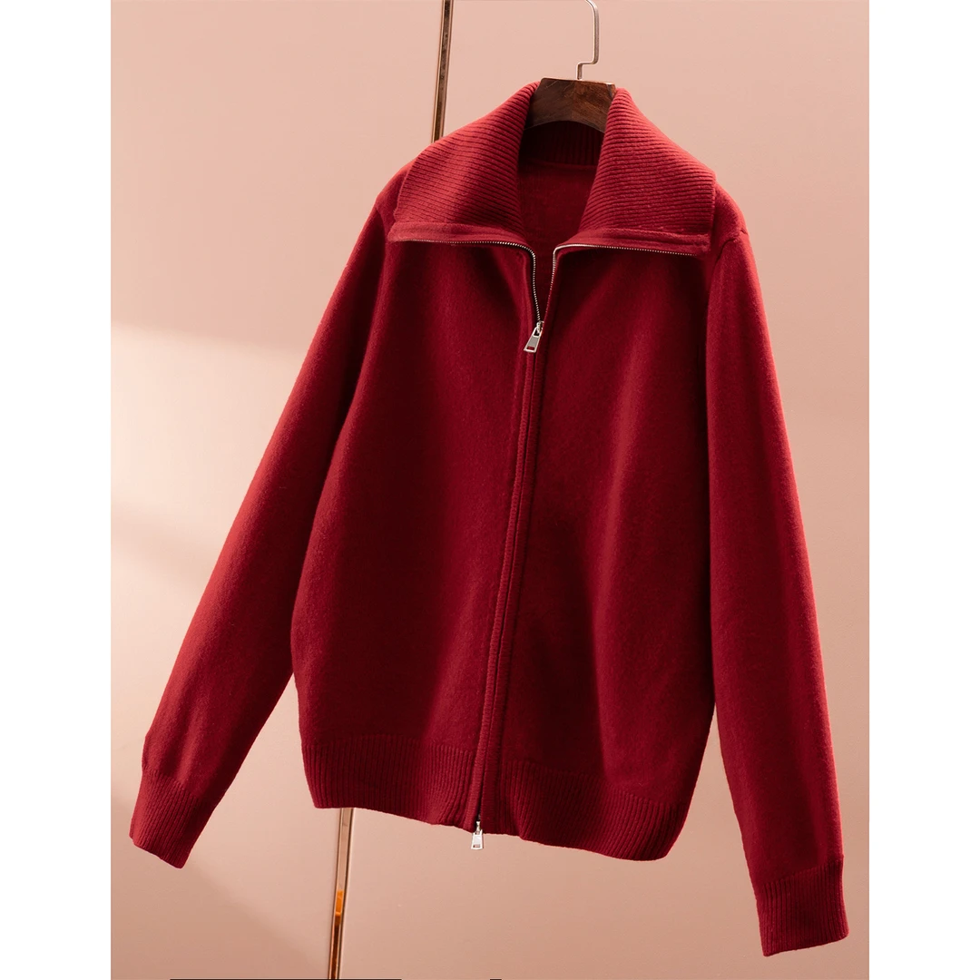 春天家 很正的红！法柜100羊毛双头拉链翻领毛衣开衫女82E0